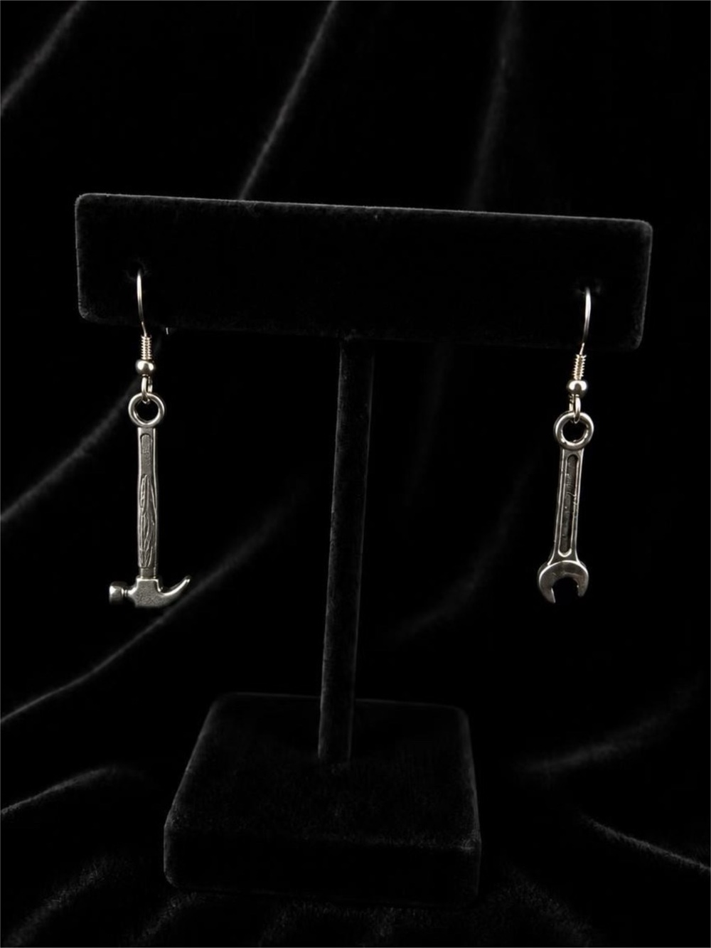 Hammer & Wrench Dangle Silver Tone Earrings